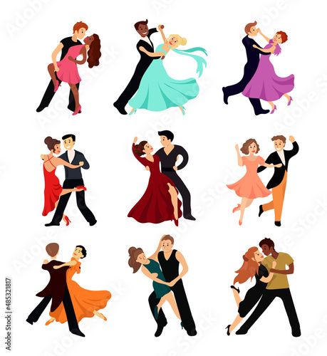 A set of characters dancing pair dances. Cartoon illustrations.