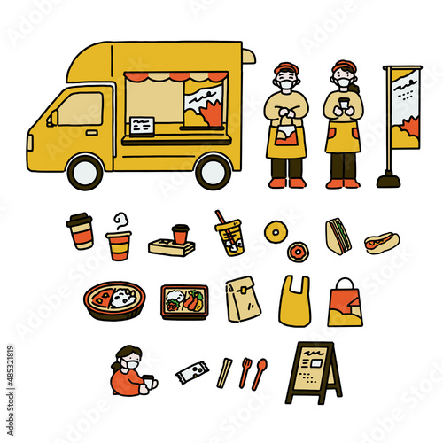キッチンカーの手描きイラストセット
