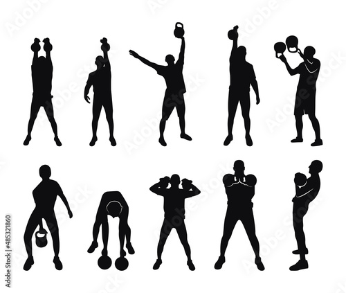 Collection of black silhouettes of kettlebell lifting. Character shadow illustrations.