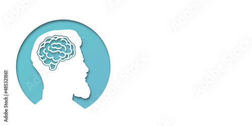 Guy or man headache concept. People silhouette. Vector medical illustration in paper cut style with shadow. mental health. Place for text. Copy space. Health care