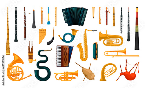 Collection of wind instruments. National folk instruments. Detailed illustrations with musical instruments.