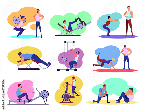 Collection of illustrations with characters in the gym. Training with a trainer.