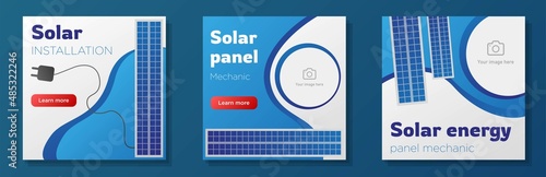 Solar mechanic social media post, square banner set, panel installation advertisement concept, ecological green energy marketing ad, abstract print, isolated on background