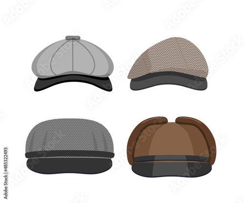 Set of flat mens tweed caps. Fashionable cartoon hats set. Isolated vector objects on white background. Collection of headwear and accessory icon