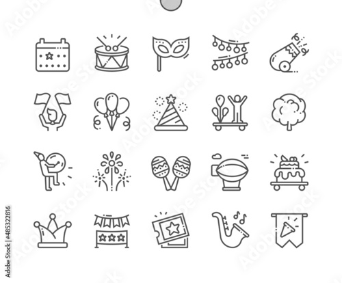 Parade. Fireworks, maracas, celebration, cake and balloons. Holiday, festival, event, party, demonstration. Pixel Perfect Vector Thin Line Icons. Simple minimal pictogram