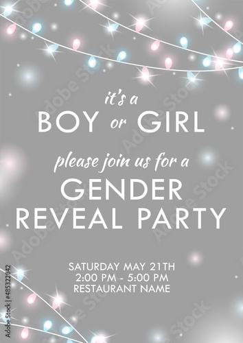 A new invitation to a children's gender party. Gray background, pink and blue lights garlands. Universal format for printing and mailing.