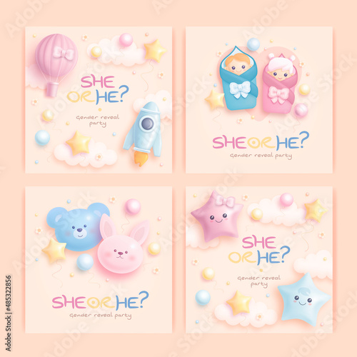 He or she. Boy or Girl. Set of cartoon gender reveal invitation template. Square banner with realistic toys and helium balloons. Vector illustration