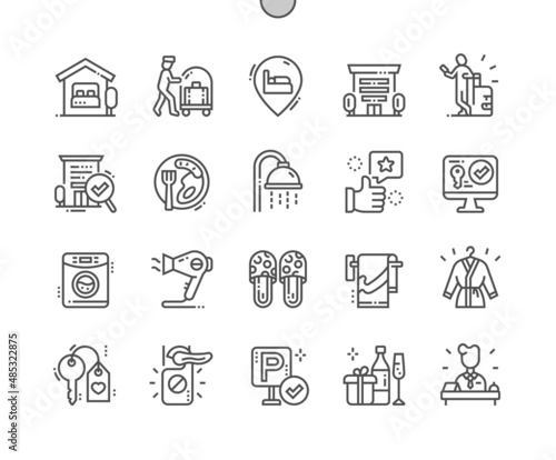 Accommodation. Online booking. Do not disturb. Receptionist, tourist, hotel. Pixel Perfect Vector Thin Line Icons. Simple minimal pictogram