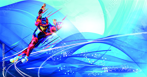 Olympic games Beijing 2022.The polygonal colourful triangles figure of a young man skier with on a blue background. Vector illustration in a geometric triangle of XXIV style Winter games Vector