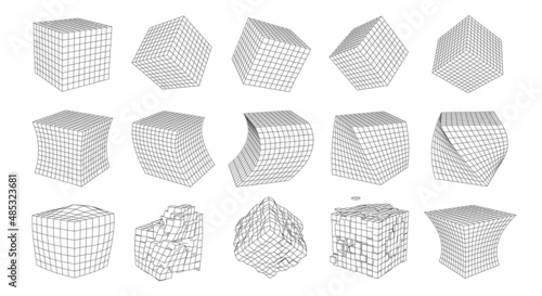 Set of cubes from wireframe mesh. Collection of cubes for use in HUD design. Network line concept. Creative abstract geometric shapes. Vector illustration.
