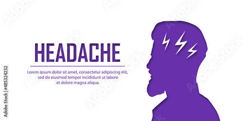 Guy or man headache concept. People silhouette. Vector medical illustration in paper cut style with shadow. mental health. Place for text. Copy space. Health care