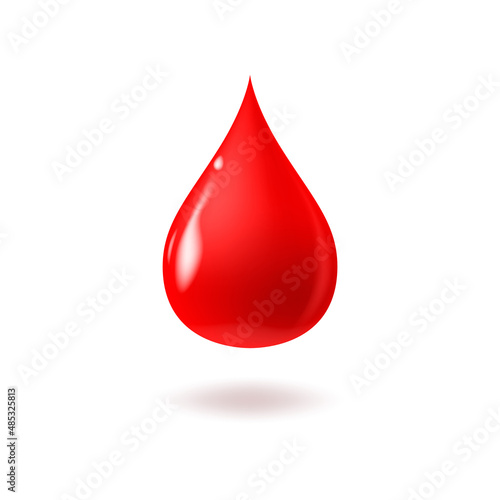 Vector red shiny blood drop on white background. 3d realistic render vector icon