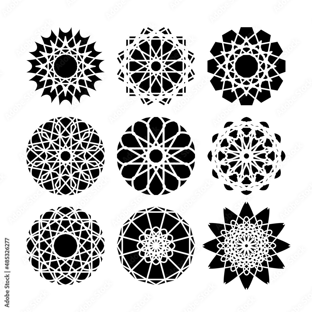 Decorative symbols with arabic geometric ornaments. Vector black and white mosaic emblems set