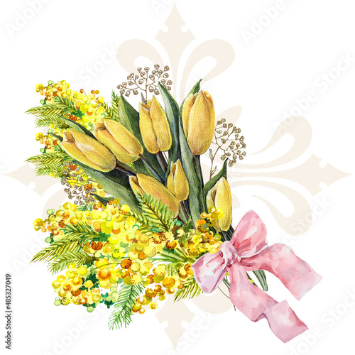 Watercolor bouquet of spring flowers tulip and mimosa on white background.