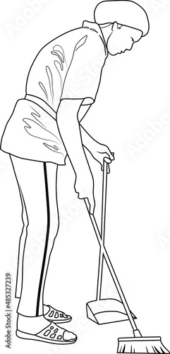 Cleaning lady sweeping garbage into a dustpan vector illustration