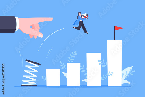 Business mentor helps to improve career with springboard vector illustration. Business person jumps above career ladder graph. Success growth, motivation opportunity, boost career concept.