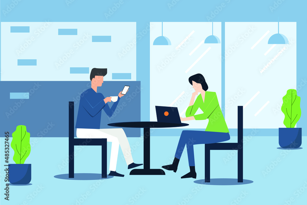 illustration of two business people working remotely in a cafe casually drinking coffee and doing work illustration of two business people working remotely in a cafe casually drinking coffee and doing work