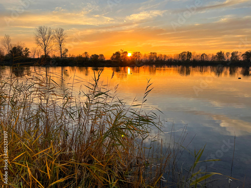 Fototapeta Naklejka Na Ścianę i Meble -  Beautiful sunset over a tranquil lake with reed in the foreground, Germany
