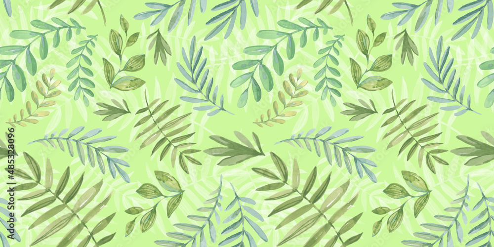 Spring Seamless Pattern. Floral elements in doodle style. Green background. Watercolor tropical green leaves. Wedding Patterns with leaf