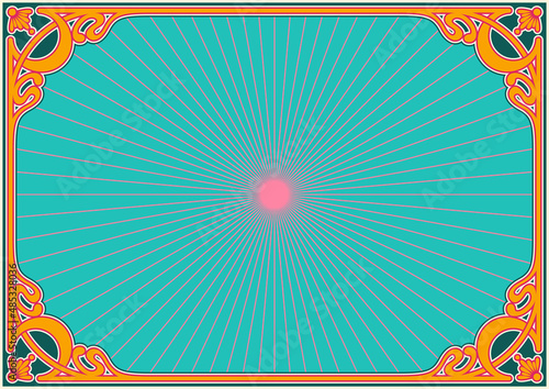 Psychedelic Art Nouveau Frame, 1900s - 1920s Decorative Border, 1960s Style Psychedelic Color Background 