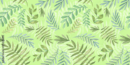 Spring Seamless Pattern. Floral elements in doodle style. Green background. Watercolor tropical green leaves. Wedding Patterns with leaf