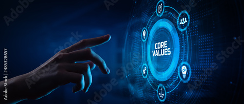 Core values corporate mission vision responsibility. Hand pressing button on screen.