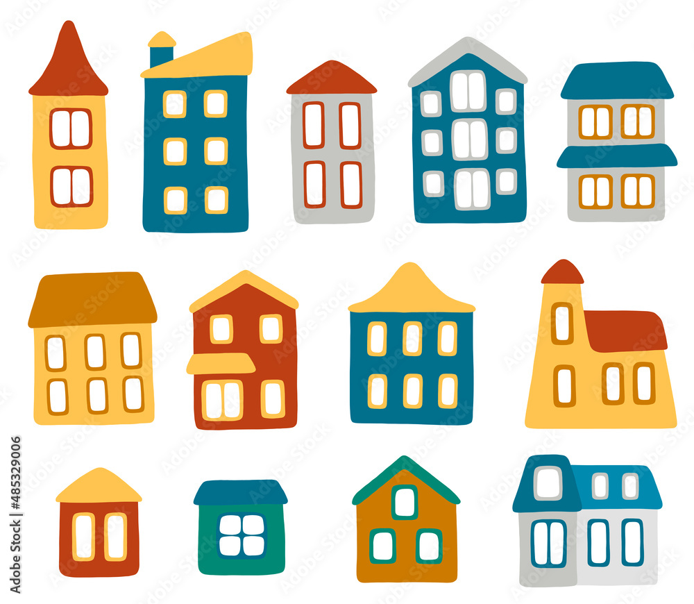 Beautiful colorful 13 cartoon houses. Cute vector illustration for your design, icon, sticker, card.