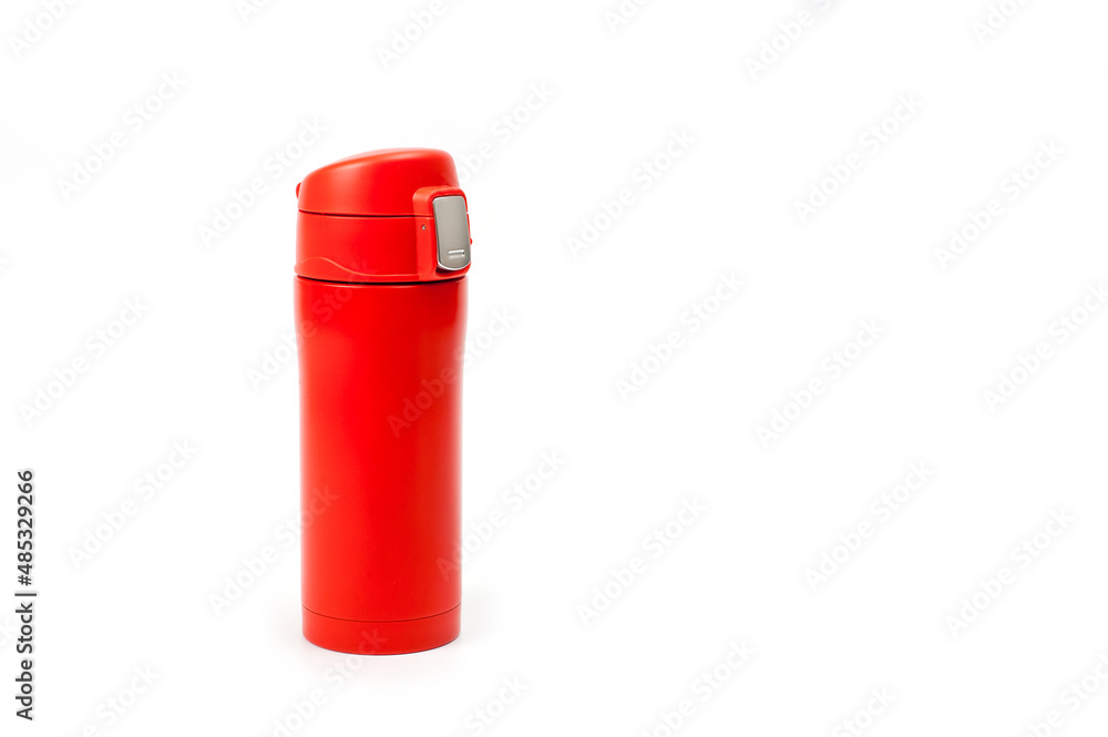 Thermos cup with red-orange vacuum lid for long-term storage of hot and cold drinks. For fitness and travel. Thermos cup with red-orange vacuum lid for long-term storage of hot and cold drinks. For fitness and travel.