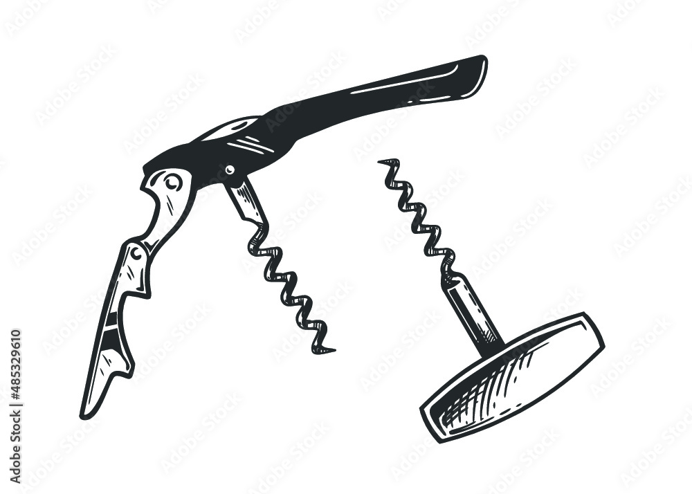 Vector hand drawn sketch of corkscrew set in hand drawn style. Vector vintage engraved illustration. - obrazy, fototapety, plakaty 