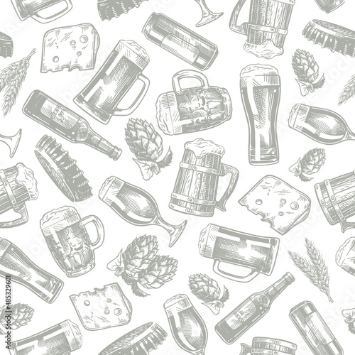 Beer Seamless Pattern in Outline Hand Drawn Doodle Style with Different Objects related beer. Vintage vector engraving illustration for web, poster, invitation to party.