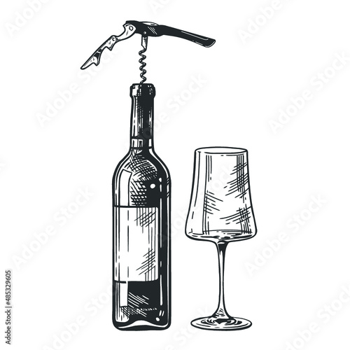 Wine bottle, corkscrew and wine glass isolated on white background, hand-drawing. Vector vintage engraved illustration.