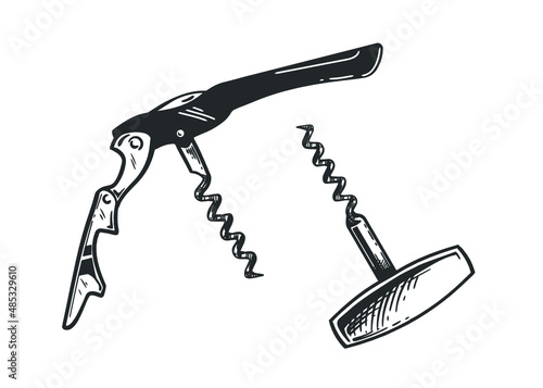 Vector hand drawn sketch of corkscrew set in hand drawn style. Vector vintage engraved illustration.