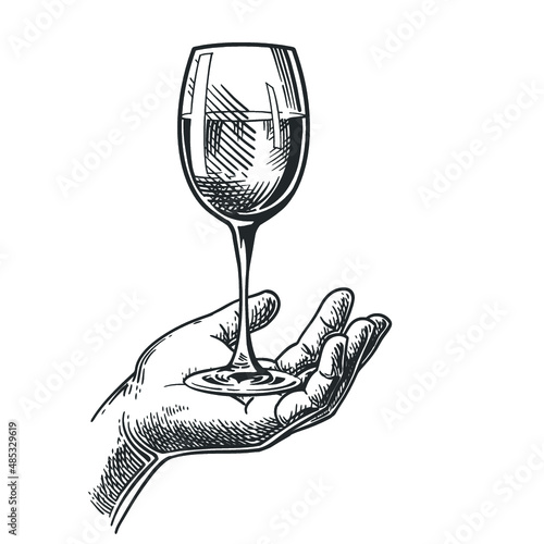 Hand holding wine glass. Vector engraving illustration for web, poster. Hand drawn design element isolated on white background.