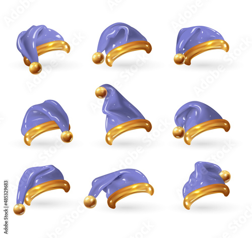 Set of 3D cartoon Santa Claus hats in trendy Very peri color, the colors of 2022