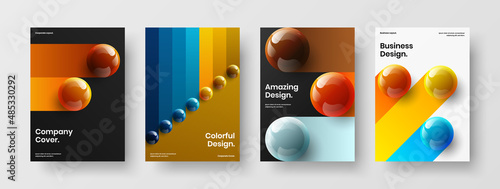 Minimalistic corporate identity A4 design vector layout collection. Isolated 3D spheres pamphlet template composition.