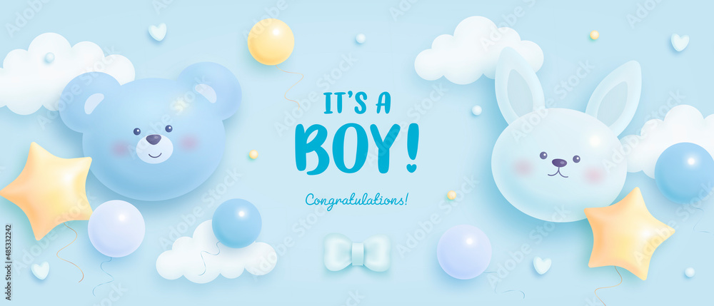 Baby shower horizontal banner with cartoon helium balloons and clouds on blue background. It's a boy. Vector illustration