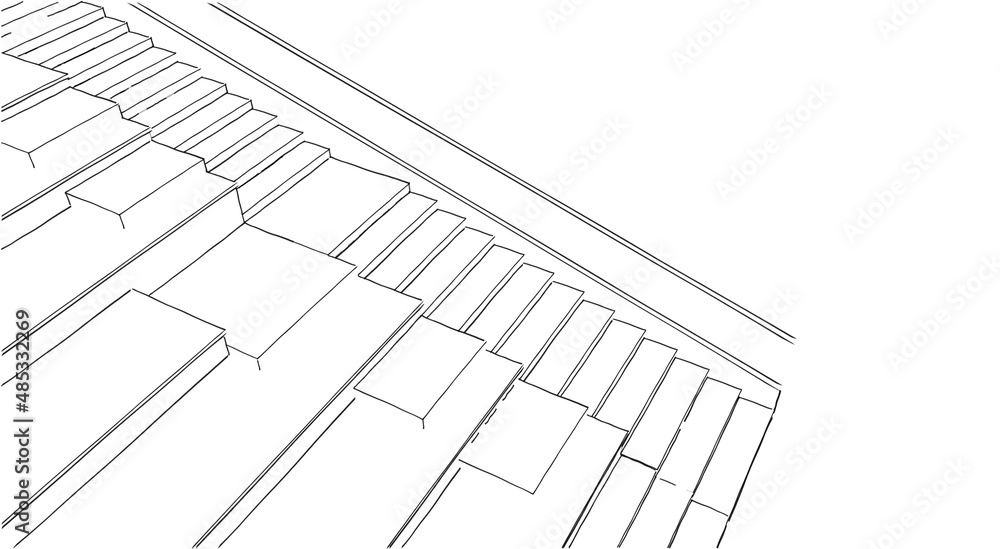 Abstract 3d illustration of an amphi-stair. Partial close up perspective from top with outlines only. Black and white image. 