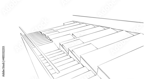 Abstract 3d illustration of an amphi-stair. Partial close up perspective from top with outlines only. Black and white image. 