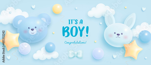 Baby shower horizontal banner with cartoon helium balloons and clouds on blue background. It's a boy. Vector illustration