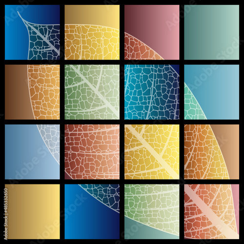 Ensemble de carré de couleur formant une seule image artistique avec en incrustation une feuille avec ses nervures visibles.