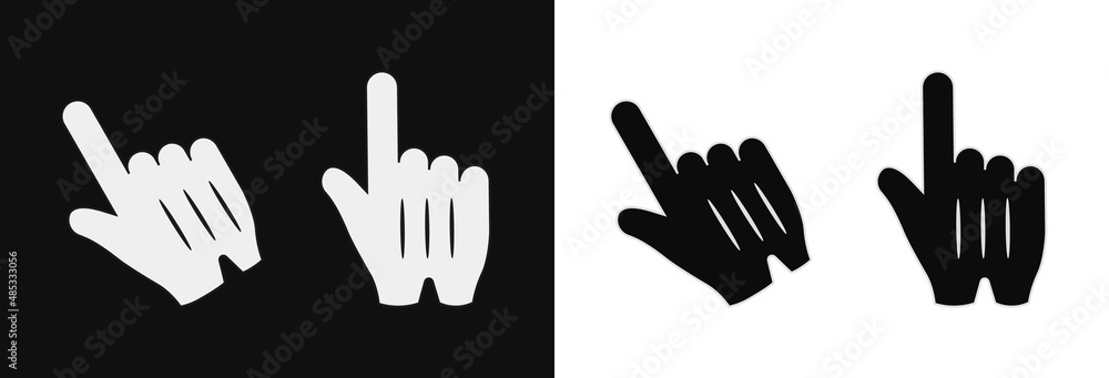 Hand cursors in white and black gloves. Digital pointer for selecting online actions and turning on computer vector programs.