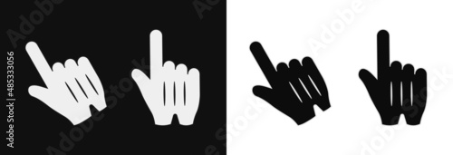Hand cursors in white and black gloves. Digital pointer for selecting online actions and turning on computer vector programs.