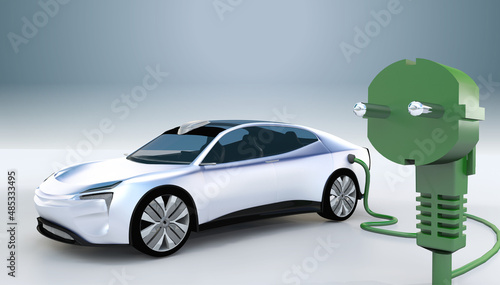 electric car with a green power plug charging 3D photo