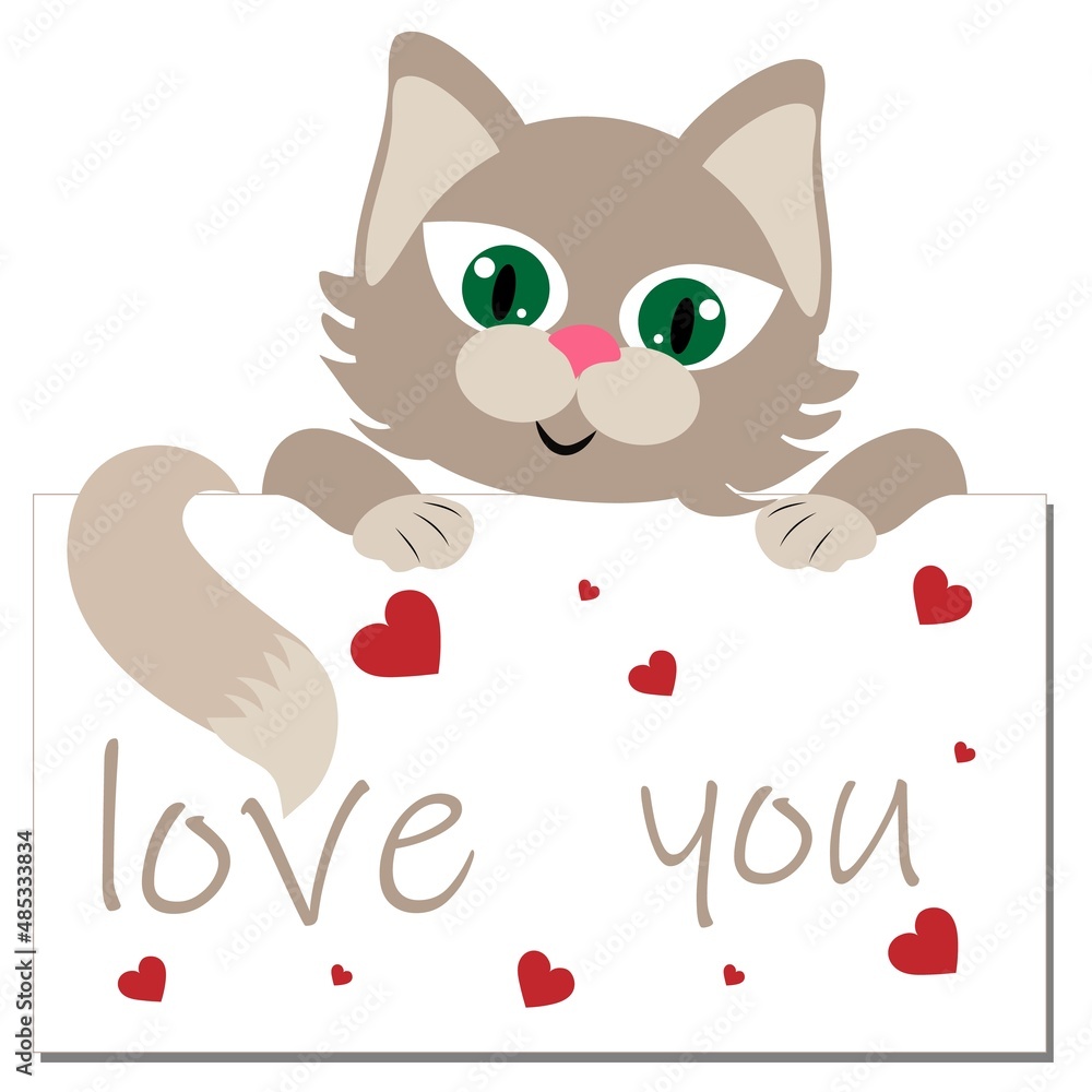 Cute kitten with green eyes and the inscription LOVE with hearts. Print with a kitten on a T-shirt. Cute kitten with green eyes and the inscription LOVE with hearts. Print with a kitten on a T-shirt.
