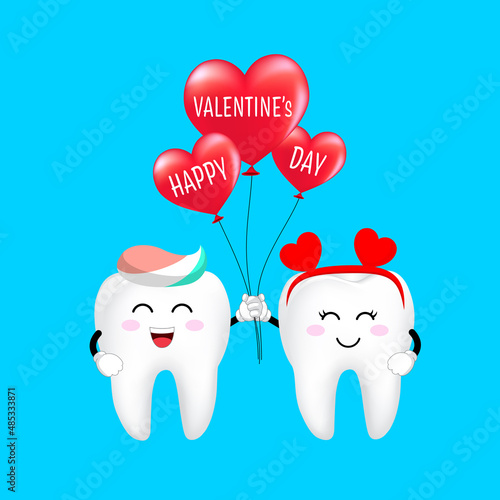 Cute cartoon tooth character with heart balloon. Bright smile for Valentine's concept. Illustration.