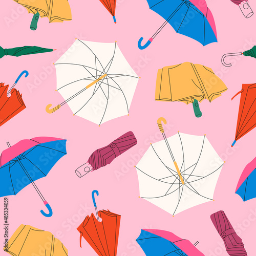 Set of different Umbrellas in various positions. Rainy collection. Open and folded  cartoon style umbrellas. Hand drawn colored flat Vector illustration. Design templates. Square seamless Pattern.
