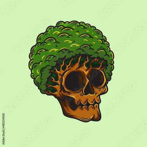 afro haired tree skull illustration