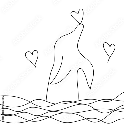 Photography hand-drawn silhouette of a jumping dolphin in one line in the sea or ocean among the waves with a heart