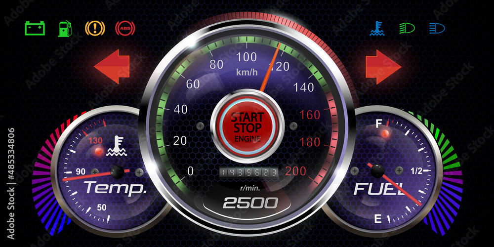 Vector illustration of a realistic dashboard. The concept of speed. Car ...