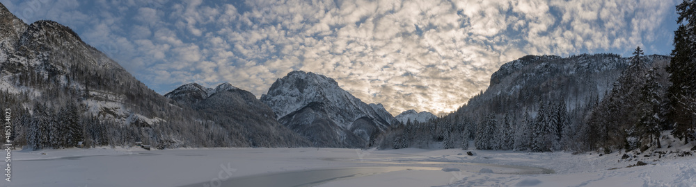 Alpine winter panorama at sunset